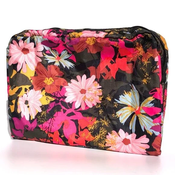 LeSportsac Rectangular Cosmetic Case black pink floral print travel domed zip - Picture 4 of 13